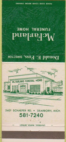 Matchbook Cover - McFarland Funeral Home Dearborn MI 30 Strike