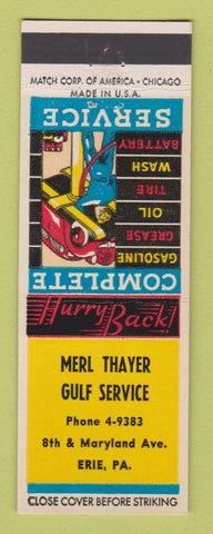 Matchbook Cover - Merl Thayer Gulf oil gas Erie PA