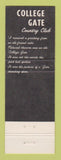 Matchbook Cover - College Gate Country Club Augusta GA