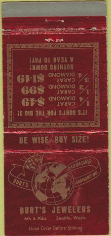 Matchbook Cover - Burt's Jewelers Seattle WA WEAR 30 Strike