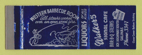 Matchbook Cover - Walker's Signal Cafe BBQ Salinas CA WEAR