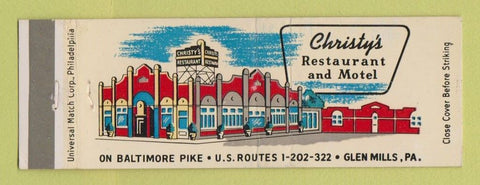 Matchbook Cover - Christy's Restaurant Motel Glen Mills PA Full Length