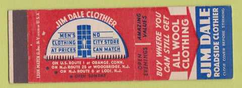 Matchbook Cover - Jim Dale Men's Clothes Lodi NJ Woodbridge NJ Orange CT