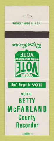Matchbook Cover - Betty McFarland County Recorder Election