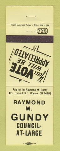 Matchbook Cover - Raymond Gundy Council at Large Warren OH NEON YELLOW