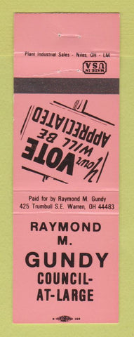 Matchbook Cover - Raymond Gundy Council at Large Warren OH NEON RED