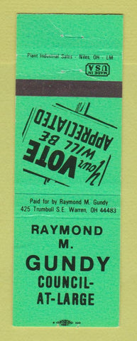 Matchbook Cover - Raymond Gundy Council at Large Warren OH NEON GREEN