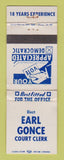 Matchbook Cover - Earl Gonce Court Clerk Election WEAR