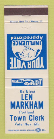 Matchbook Cover - Len Markham Portland Town Clerk Election