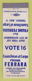 Matchbook Cover - Frank Ferrara Councilman Election Newark WEAR