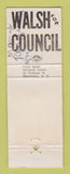Matchbook Cover - Walsh for Council Election Manchester NH WEAR