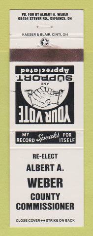 Matchbook Cover - Albert A Weber County Commissione rDefiance OH WEAR