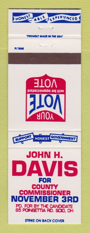 Matchbook Cover - John Davis County Commissioner Election Scio OH