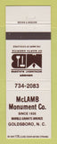 Matchbook Cover - McLamb Monument Headstone Goldsboro NC