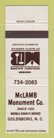 Matchbook Cover - McLamb Monument Headstone Goldsboro NC