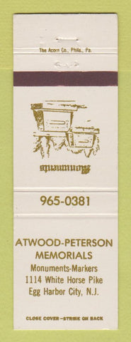 Matchbook Cover Atwood Peterson Memorials Funeral Headstones Egg Harbor City NJ