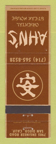 Matchbook Cover - Ahn's Oriental Steak House San Diego CA