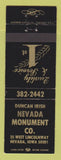Matchbook Cover - Duncan Irish Nevada Monument Nevada IA memorials headstone