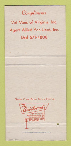 Matchbook Cover - Allied Van Lines Vet Vans Virginia VA Trucking 30 Strike