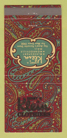 Matchbook Cover - Henry Klein Clothes McKeesport Monroeville PA 30 Strike
