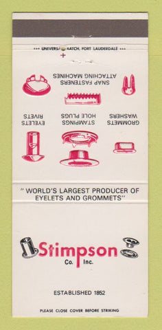 Matchbook Cover - Stimpson Fasteners  Bayport NY Pompano Beach FL 30 Strike