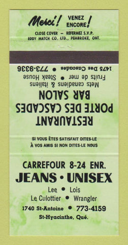 Matchbook Cover - Carrefour Jeans Lee Wrangler St Hyacinthe QC GREEN 30 Strike