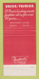 Matchbook Cover - Union Fashion Men's Clothes El Paso TX WEAR 30 Strike