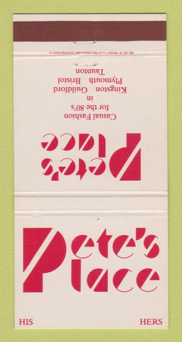 Matchbook Cover - Pete's Place Clothes Kingston Guildford Bristol UK 30 Strike