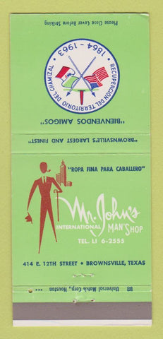 Matchbook Cover - Mr John's Men's Clothes 1963 Brownsville TX WEAR 30 Strike