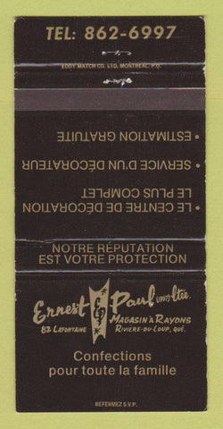 Matchbook Cover - Ernest Paul Clothes Riviere Du Loup QC 30 Strike