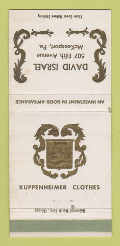 Matchbook Cover - Kuppenheimer Men's Clothes Israel McKeesport PA WEAR 30 Strike