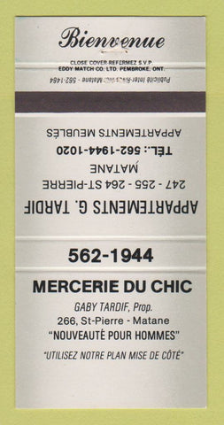 Matchbook Cover - Mercerie Du Chic Men's Clothes Matane QC GRAY 30 Strike