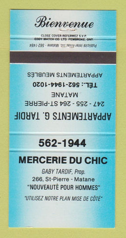 Matchbook Cover - Mercerie Du Chic Men's Clothes Matane QC BLUE 30 Strike