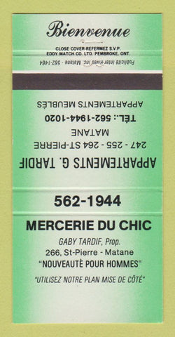 Matchbook Cover - Mercerie Du Chic Men's Clothes Matane QC GREEN 30 Strike