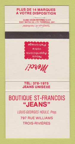 Matchbook Cover - Boutique St Francois Jeans Trois Rivieres QC 30 Strike