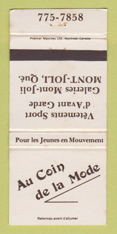 Matchbook Cover - Au Coin de la Mode Mont Joli QC WEAR 30 Strike