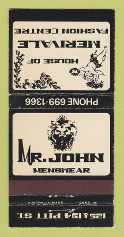 Matchbook Cover - Mr John Men's Clothes Merivale Sydney Australia 30 Strike