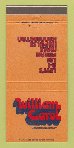 Matchbook Cover - William Carlol Clothes Levi's Lee Fresno Visalia CA 30 Strike