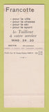 Matchbook Cover - Francotte Tailleur Clothes Paris France SAMPLE WEAR