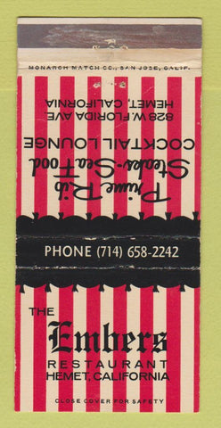 Matchbook Cover - Embers Restaurant Hemet CA WEAR 30 Strike