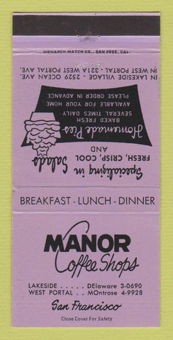 Matchbook Cover - Manor Coffee Shop San Francisco CA 30 Strike