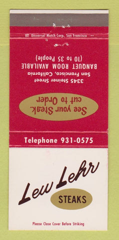 Matchbook Cover - Lew Lehr Steaks San Francisco CA 30 Strike