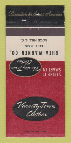 Matchbook Cover - Varsity Town Clothes Rhea Warner Rock Hill SC 30 Strike