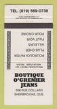 Matchbook Cover - Boutique O'Grenier Jeans Sherbrooke QC 30 Strike