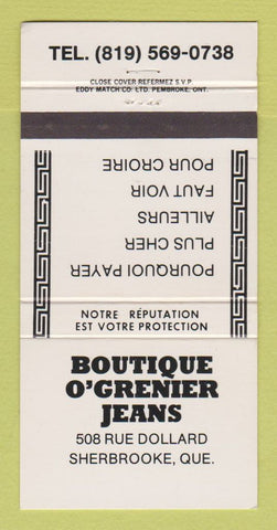 Matchbook Cover - Boutique O'Grenier Jeans Sherbrooke QC 30 Strike