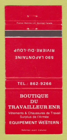 Matchbook Cover - Boutique Du Travailleur Riviere Du Loup QC WEAR 30 Strike