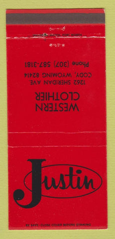 Matchbook Cover - Justin Cowboy Boots Western Clothes Cody WY 30 Strike