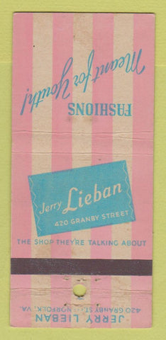 Matchbook Cover - Jerry Lieban Women's Clothes Norfolk VA WEAR 30 Strike