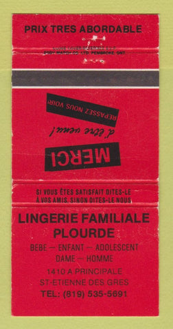 Matchbook Cover Lingerie Familiale Plourde St Etienne Des Gres QC WEAR 30 Strike