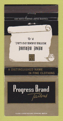 Matchbook Cover - Progress Men's Clothes Notre Dame Du Lac QC 30 Strike